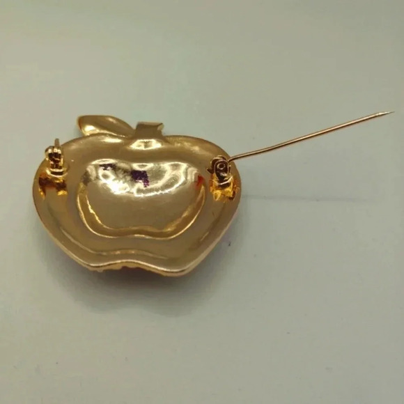 Fashion Apple Brooch Gold Tone Textured w/ Floral Border Teacher - Picture 9 of 11